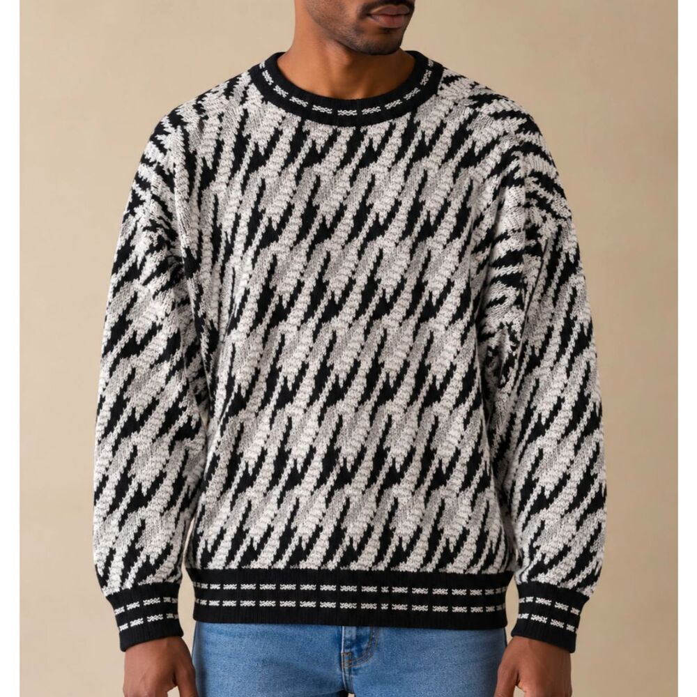 VTG J.T Beckett Mens 90s Abstract Zebra Print Crewneck Sweater M Black White USA
